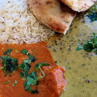 Yummy chicken tikka, dal, rice, and naan!