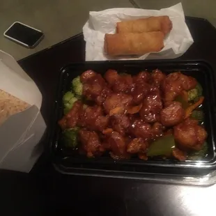 General Tso's chicken, fried rice (comes with delicious egg rolls)