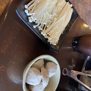 I can't remember the view actual name for the mushrooms, and in the bowl is the meatballs