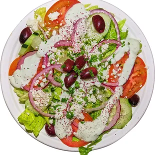 GREEK SALAD - Lettuce, Cucumbers, Tomatoes, Onions, Olives &amp; Feta Cheese with Greek Dressing &amp; Tzatziki Sauce