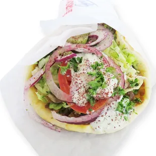 LAMB &amp; BEEF GYROS - Lamb &amp; Beef with Tomatoes, Onions, Bell Peppers, Lettuce &amp; Tzatziki sauce on Gyro Pita Bread.