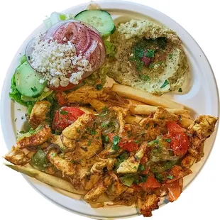 CHICKEN SHAWERMA PLATTER - Marinated Grilled Chicken Strips with Tomatoes, Onions, Bell Peppers, Parsley &amp; Garlic Sauce