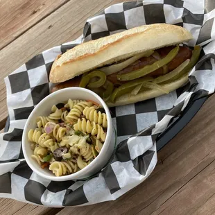 Sausage, Pepper, and Onion Hoagie + homemade pasta salad