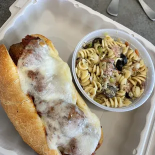 Meatball sub and pasta salad - 2 meals for me!