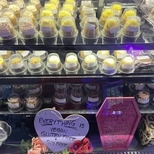 a display case filled with food