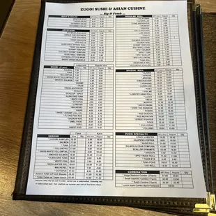Sushi menu
