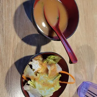 Complimentary soup and salad... Miso soup was pretty good.. Nice gingery salad dressing.