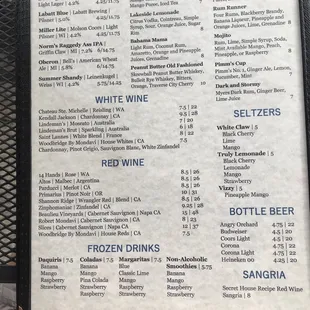 Beer and cocktails menu