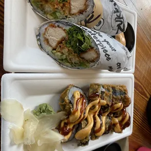 Tempura bagel roll and sushi burrito