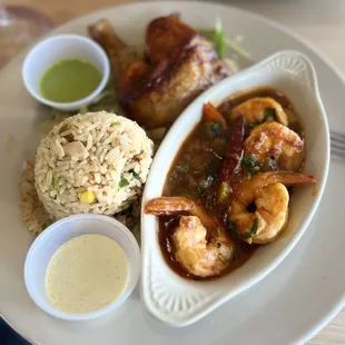Shrimp Diablo, quarter chicken, and chaufa rice lunch special