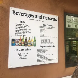 Beverage and dessert menu