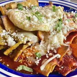 Chilaquiles with red and green sauce