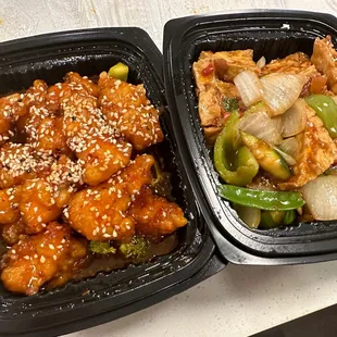 Sesame chicken (medium spicy) left Tahu XO Sauce with Tofu (right)