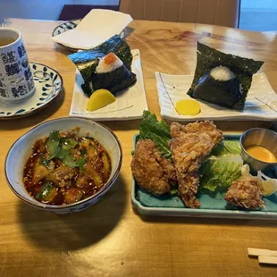 Onigiri, TATSUTA-AGE, cucumber salad.