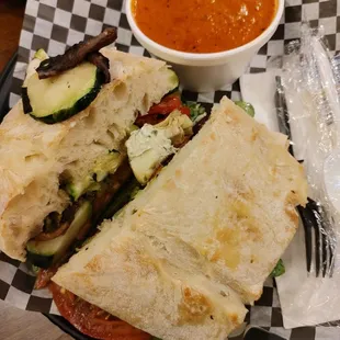 Roasted zucchini, portabella mushroom... on ciabatta &amp; tomato basil feta soup