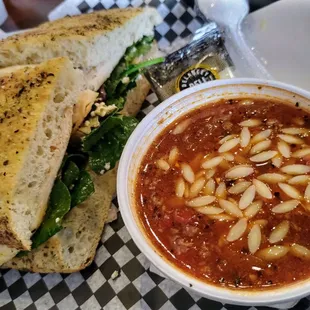 Marinated chicken focaccia sandwich and stuffed bell pepper soup