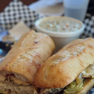 Marinated chicken gourmet sandwich and side of wild rice chicken soup