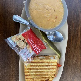 Shrimp and corn chowder and baked chicken panini