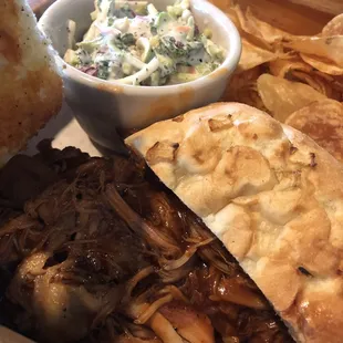 Inside of bbq sandwich and slaw