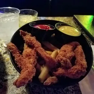 The Chicken Strips with fries and condiments. Very tasty and fulfilling for the price.