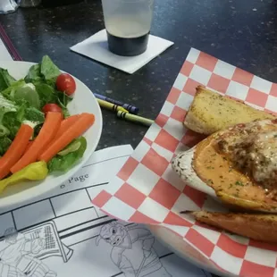 Added a salad,extra veggies, to kids lasagna, order was accidentally cut bigger; lucky me bc it's homemade and amazing!