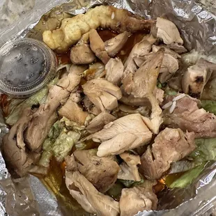 Soggy tempura with fatty chicken. They forgot the rice.