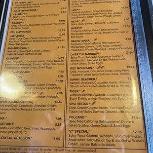 Sushi menu