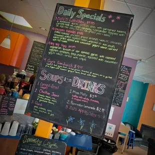 a menu for soups and drinks