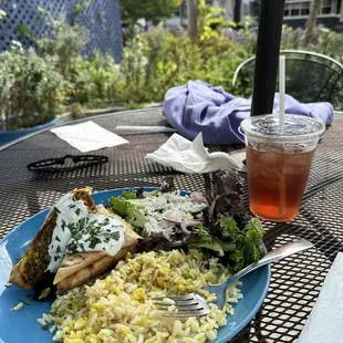 a plate of food and a drink