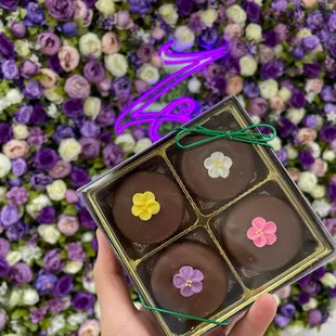 a hand holding a box of chocolates