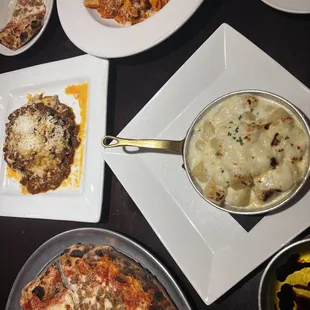 Vesuvius pizza, penne, gnocchi with four cheese sauce and lasagna