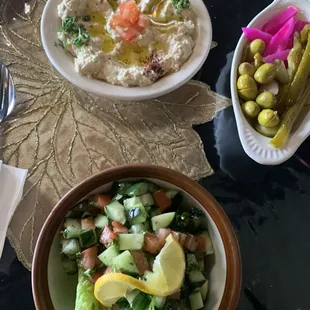 Baba Ghanouj, Mini Salad, relish tray (olives, pickles, beets).