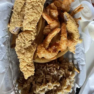 Shrimp/Catfish Jambalaya with fries.