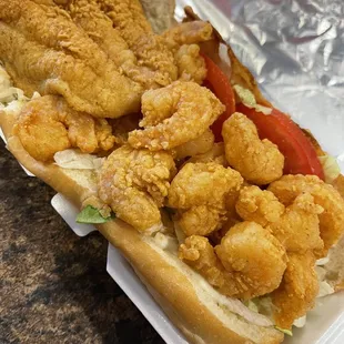 Large catfish and shrimp poboy