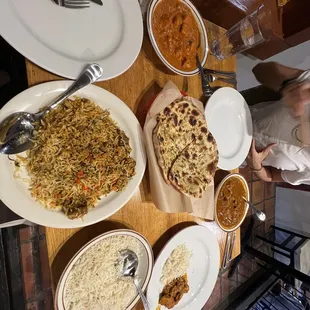 Lamb biryani, tikka masala, chicken curry