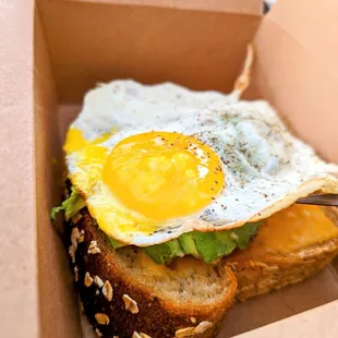 Joleen: open face egg sando with avocado and melted Tillamook cheddar