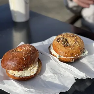 Salt bagel with roasted garlic, everything bagel with chive cream cheese