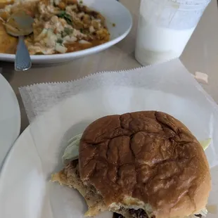 Smash Burger, Lassi yogurt drink and samosa Chaat.