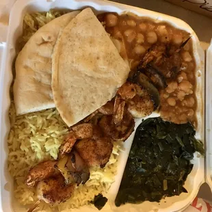 Shrimp kabob with chickpeas, basmati rice, pita, and spinach