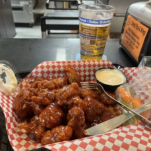 Hot Honey BBQ boneless wings with a nice cold beer.