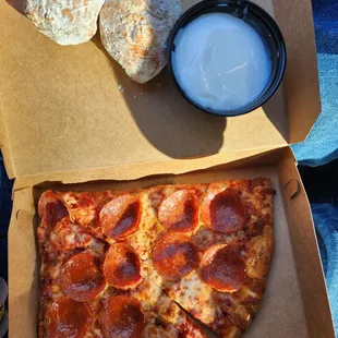 Pepperoni pizza and deep fried balls of goodness