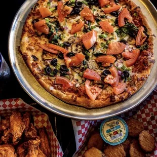 Wings, veggie pizza works! Fried zucchini bites. So deliciously good!