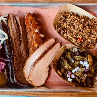 Brisket, habanero &amp; cheese sausage, turkey, dirty rice and collard greens